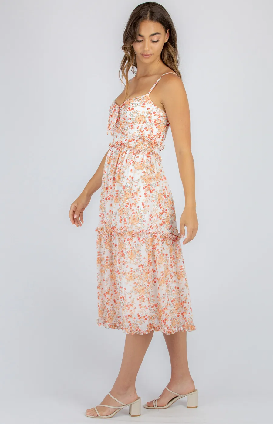 Floral Midi Tie Front Dress with Ruffle Details (SDR943A)