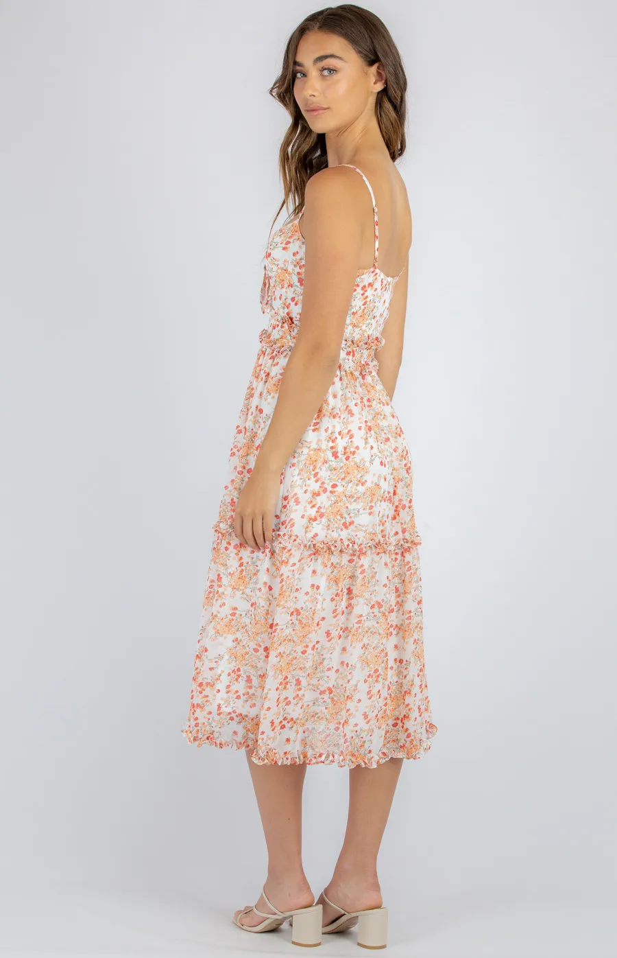 Floral Midi Tie Front Dress with Ruffle Details (SDR943A)