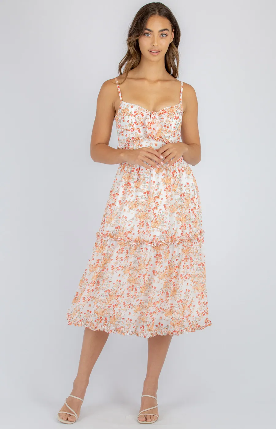 Floral Midi Tie Front Dress with Ruffle Details (SDR943A)