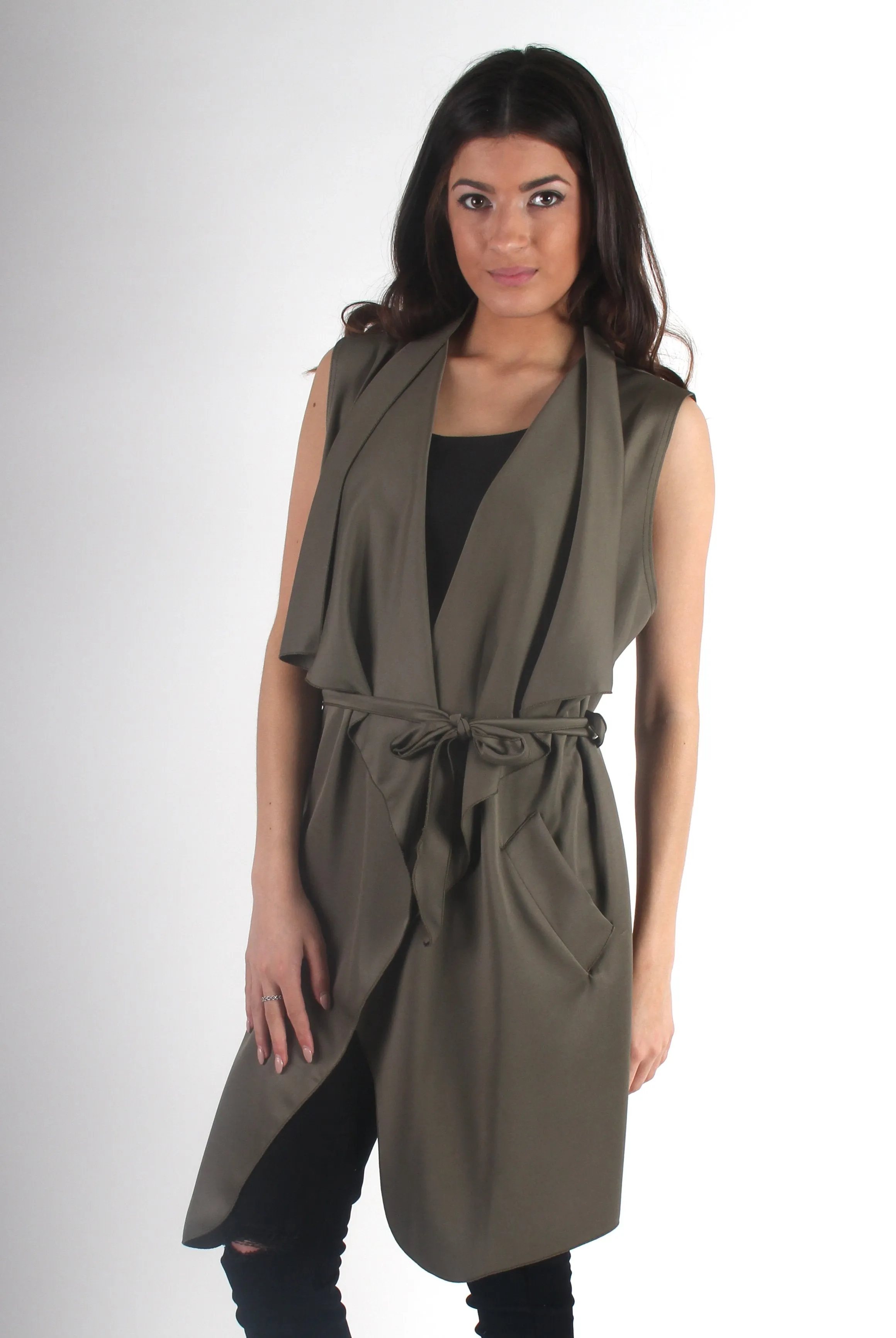 Francesca Khaki Sleevless Waterfall Jacket