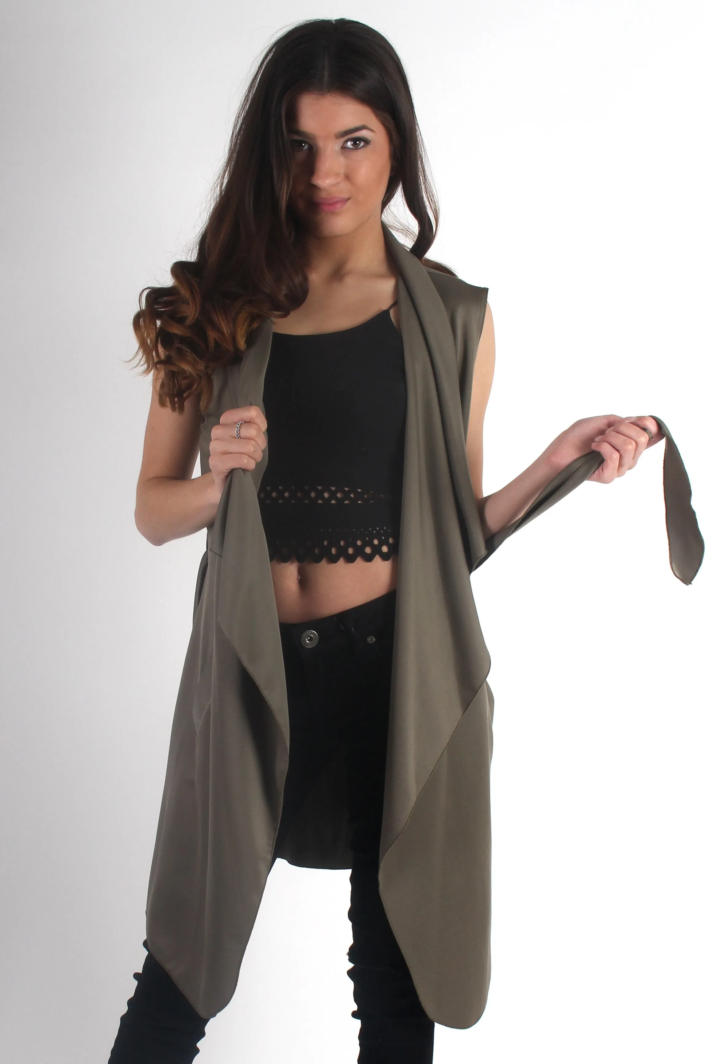 Francesca Khaki Sleevless Waterfall Jacket