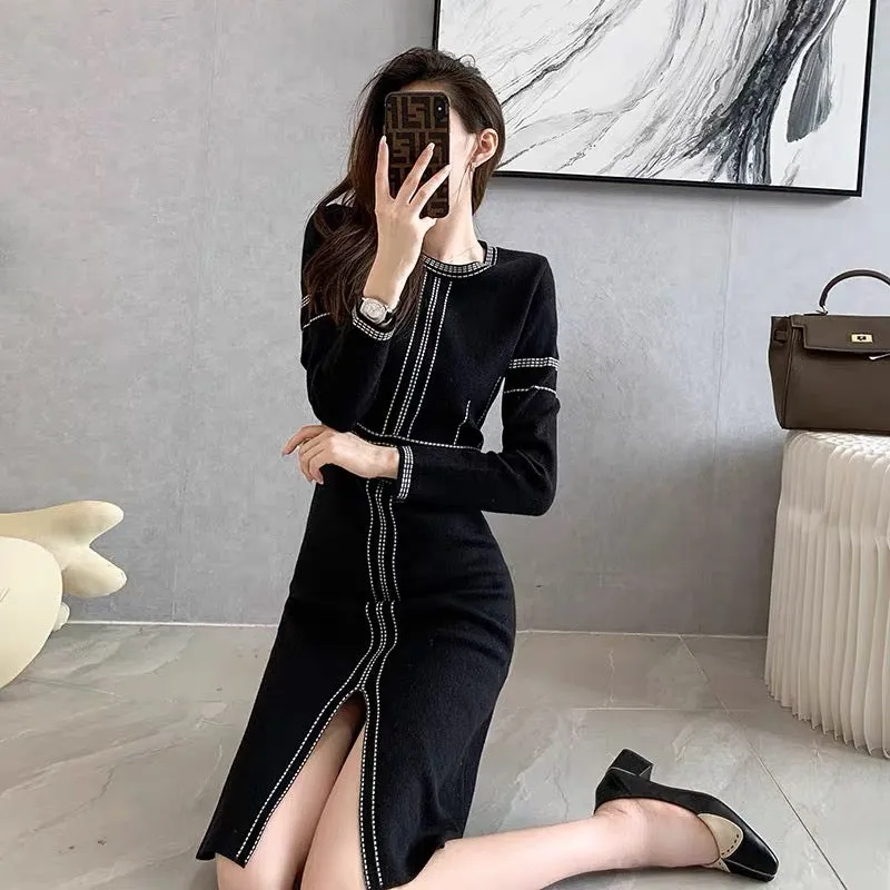 French design waist hat bottoming knitted dress for women 2022 autumn and winter mid-length slim sweater skirt (B8913)