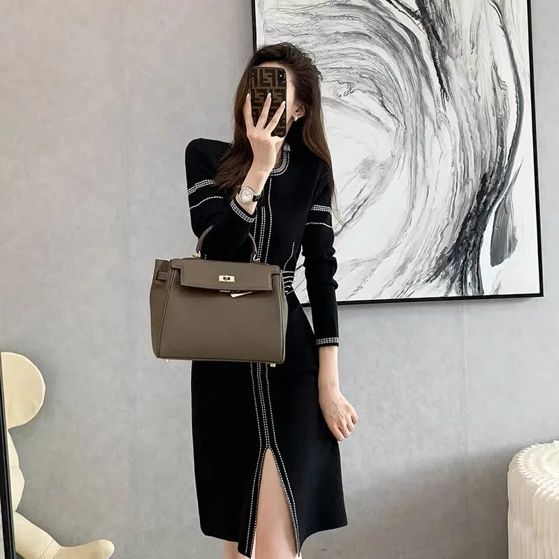 French design waist hat bottoming knitted dress for women 2022 autumn and winter mid-length slim sweater skirt (B8913)