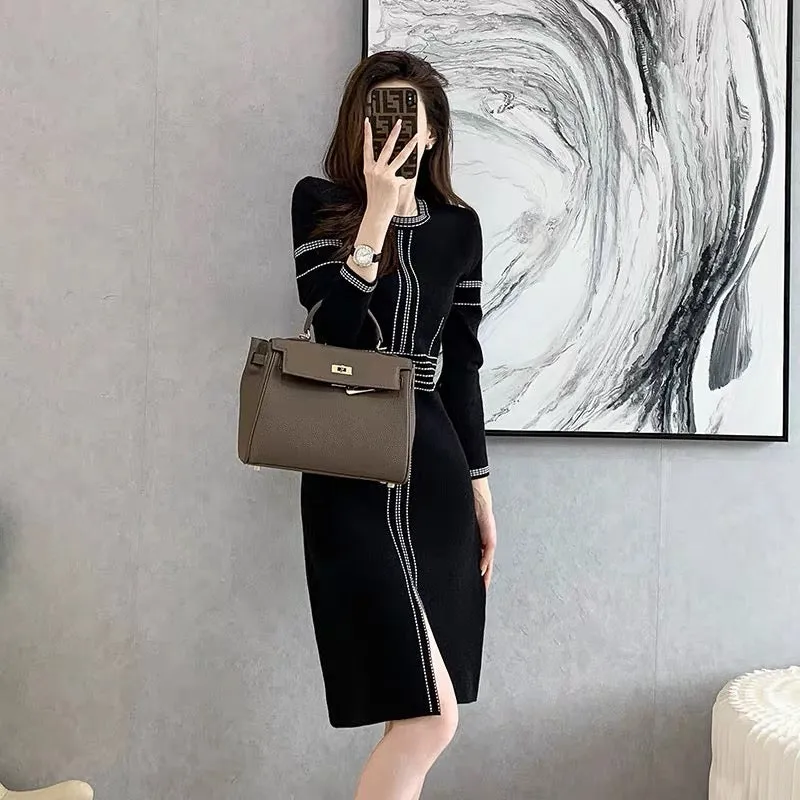 French design waist hat bottoming knitted dress for women 2022 autumn and winter mid-length slim sweater skirt (B8913)