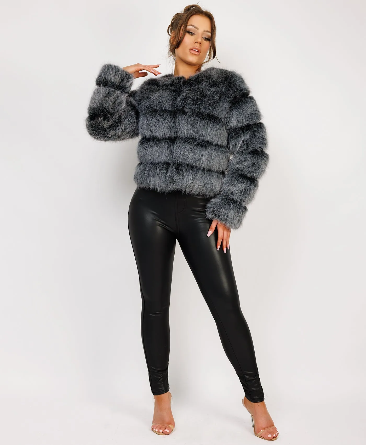 Frosted Black Premium Faux Fur Tiered Coat Jacket