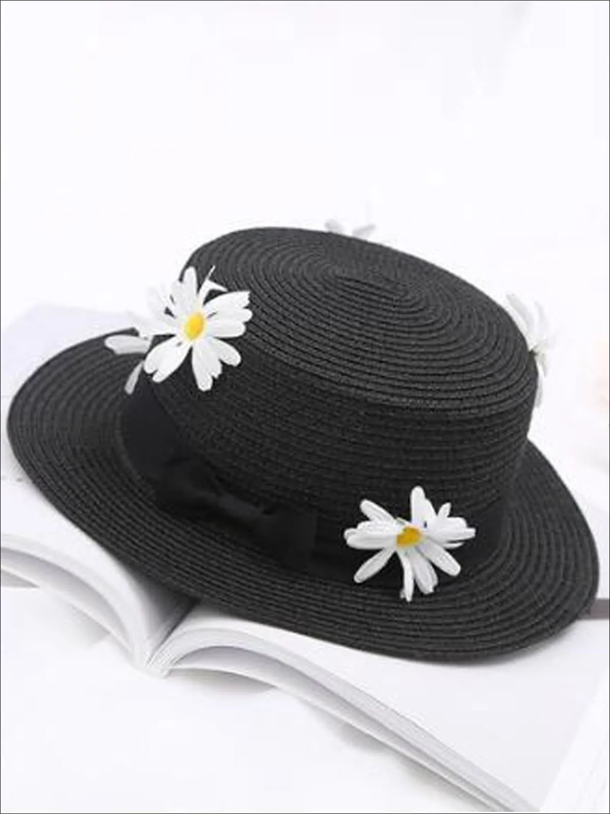 Girls Flower Embellished Bow Tie Straw Hat