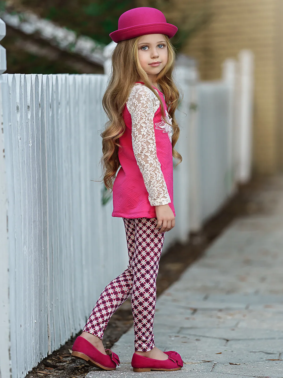 Girls Lace Long Raglan Sleeve Trimmed Tunic And Legging Set