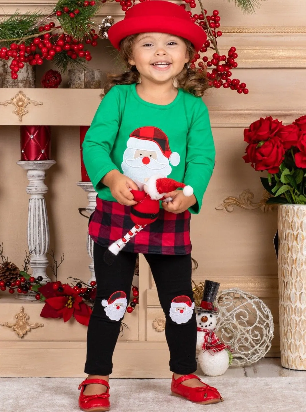 Girls Plaid Santa Patched Tunic and Legging Set