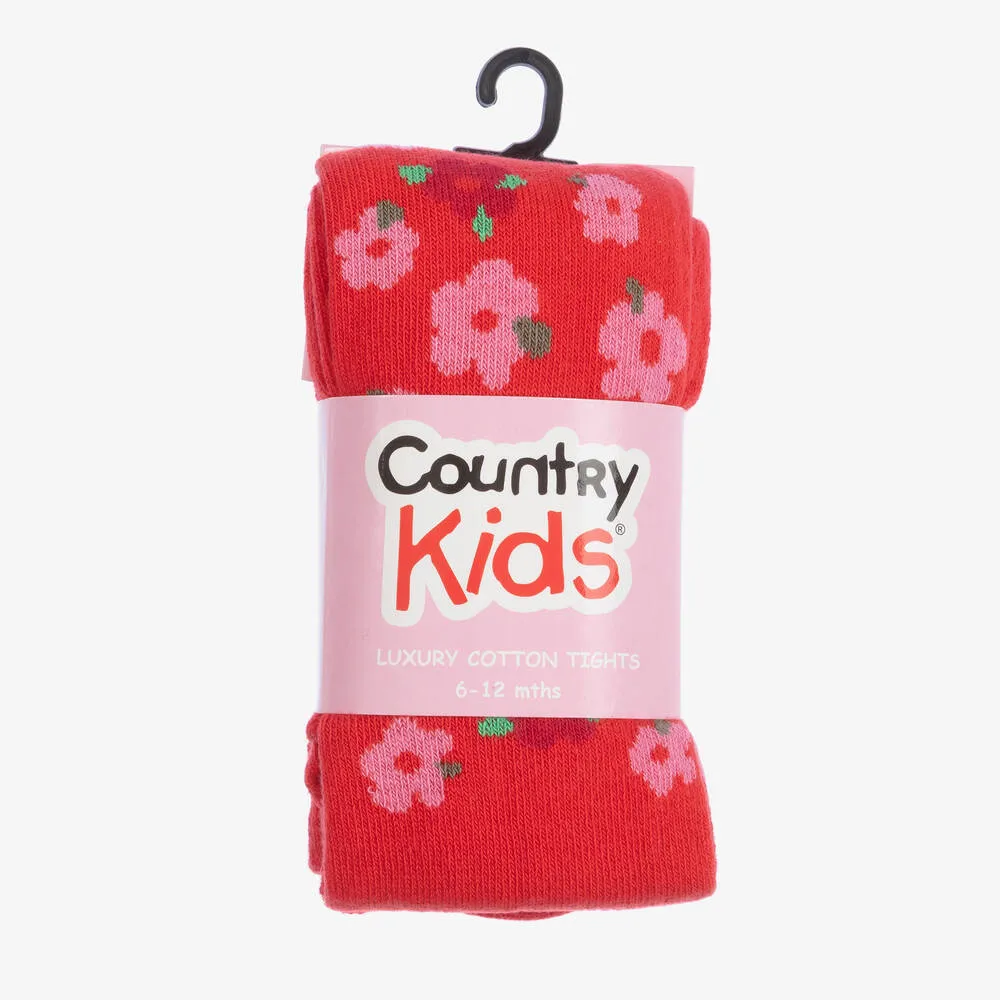 Girls Red Floral Cotton Tights