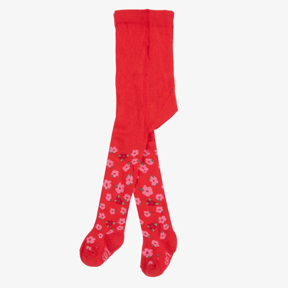 Girls Red Floral Cotton Tights