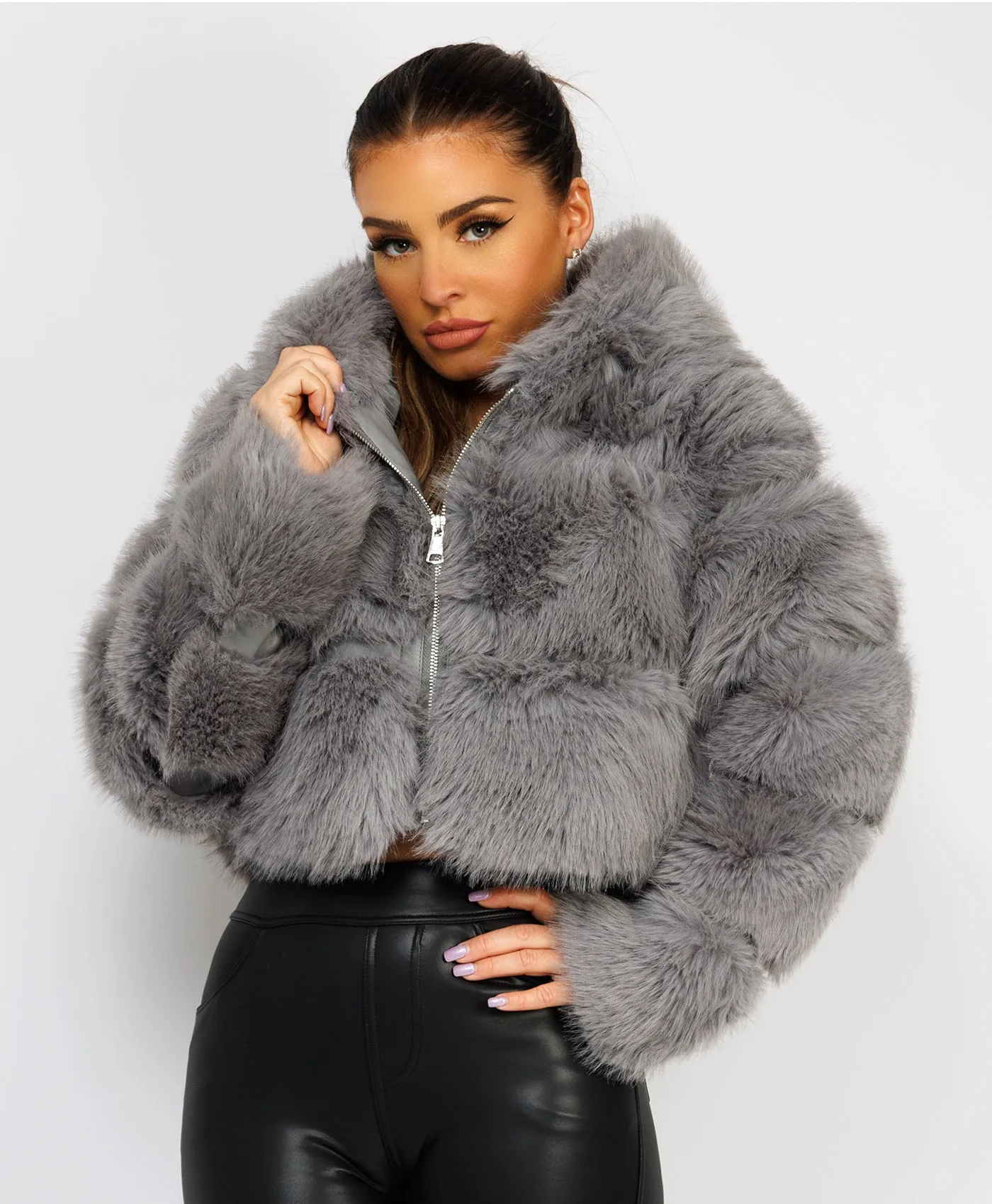 Grey Premium Hooded Faux Fur Tiered Coat Jacket