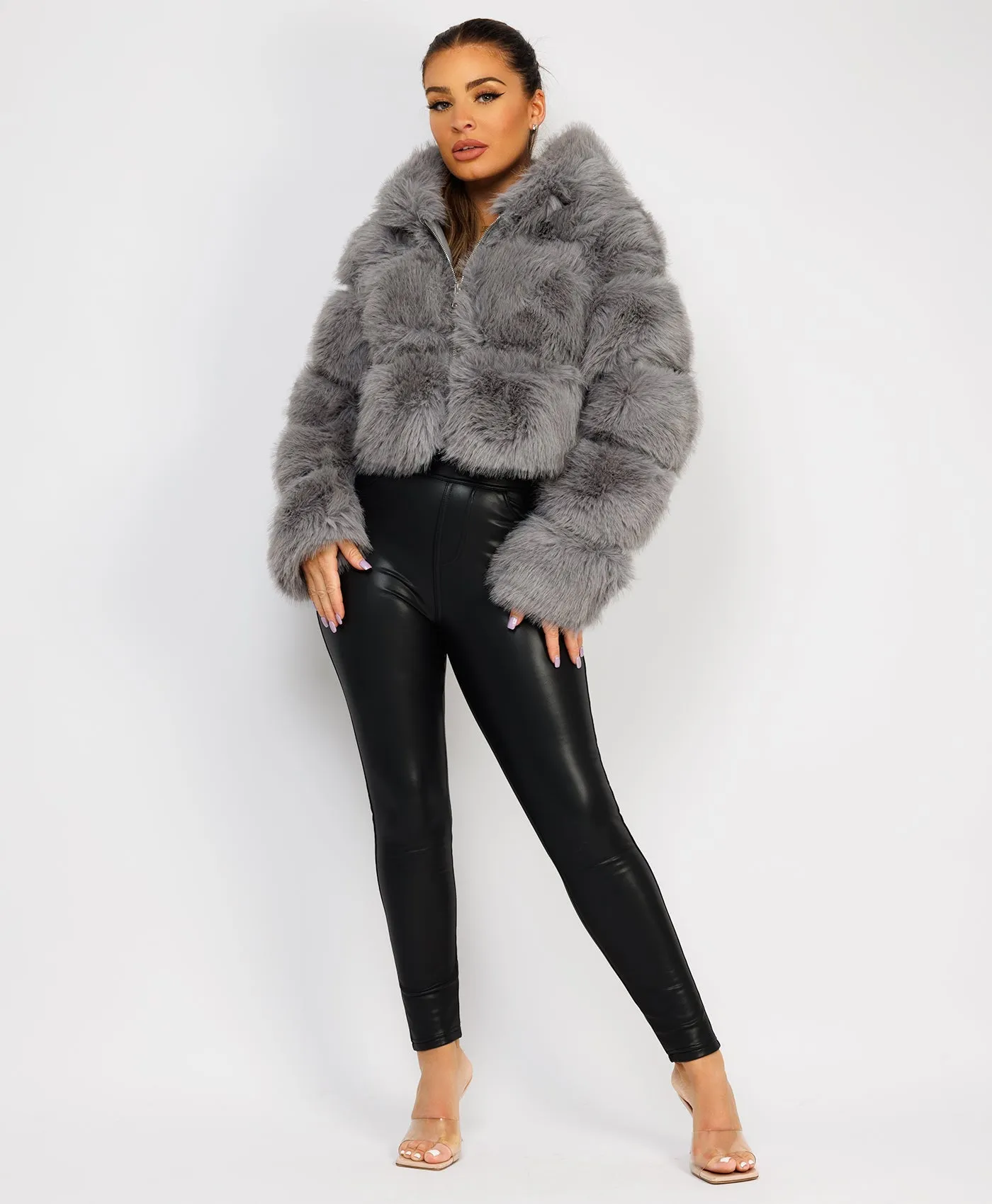 Grey Premium Hooded Faux Fur Tiered Coat Jacket