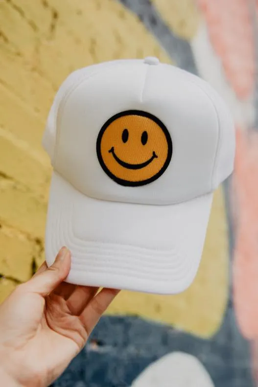 Happy Face Trucker Hat (All White)