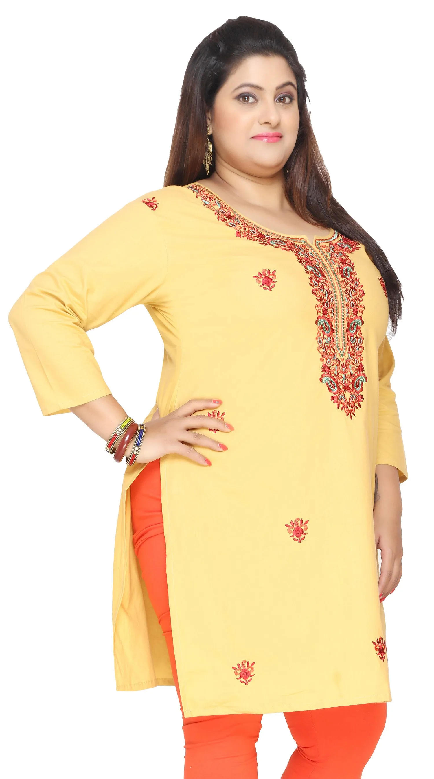 India Tunic Cotton Long Top Kurti Womens Plus Size Clothes (Yellow)