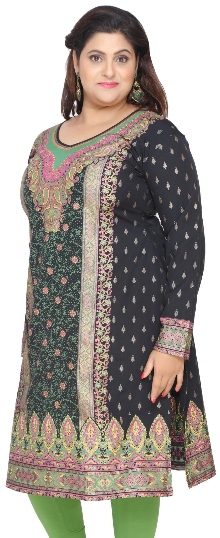 India Tunic Long Top Kurti Womens Plus Size Indian Clothes (Black)