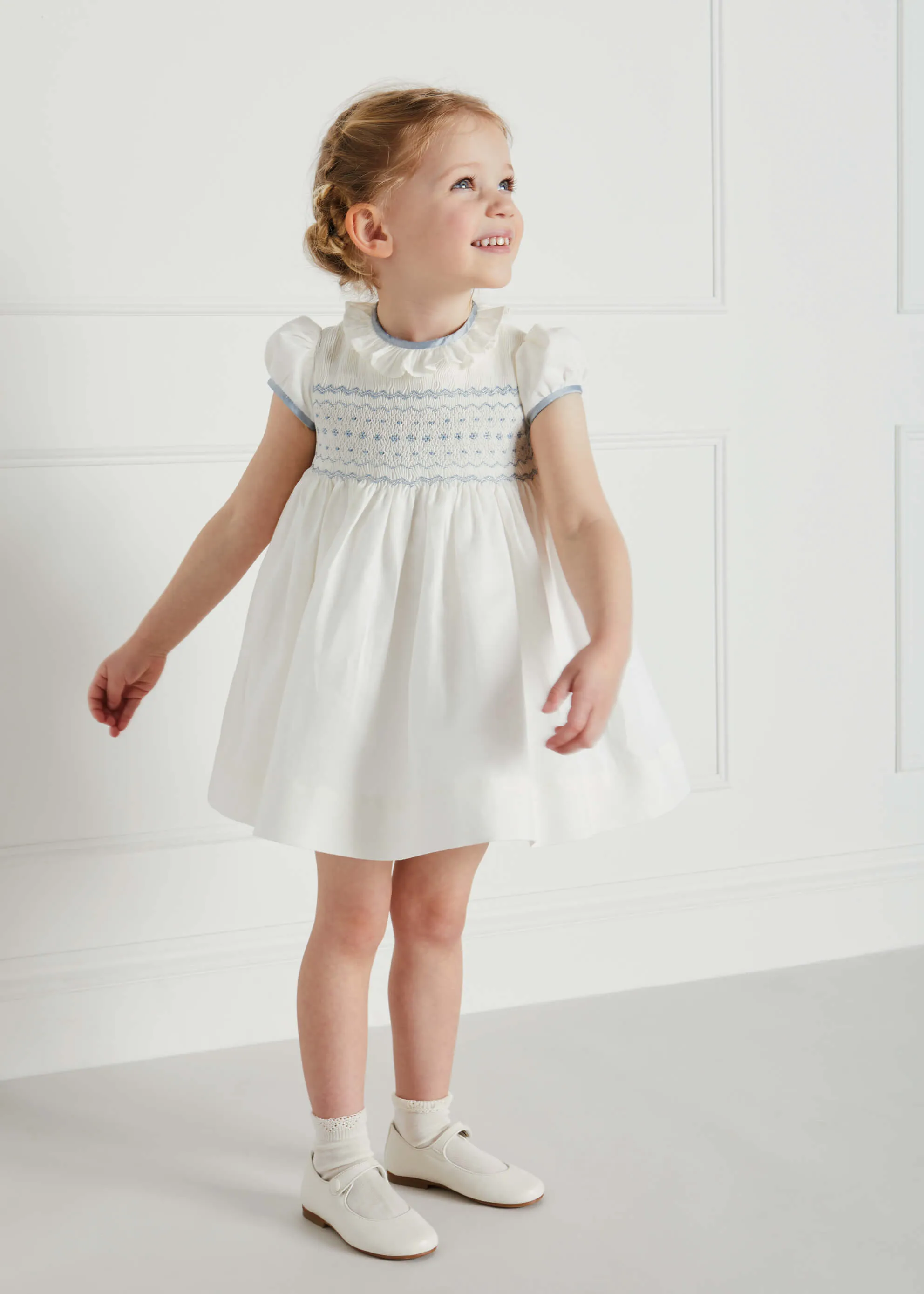 Ivory Handsmocked Occasion Dress with Blue Details (12mths-8yrs)