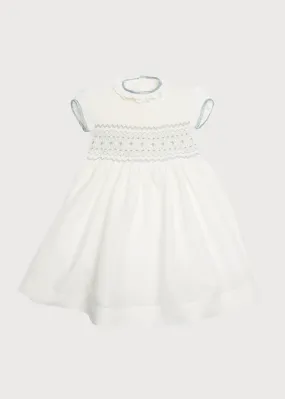 Ivory Handsmocked Occasion Dress with Blue Details (12mths-8yrs)