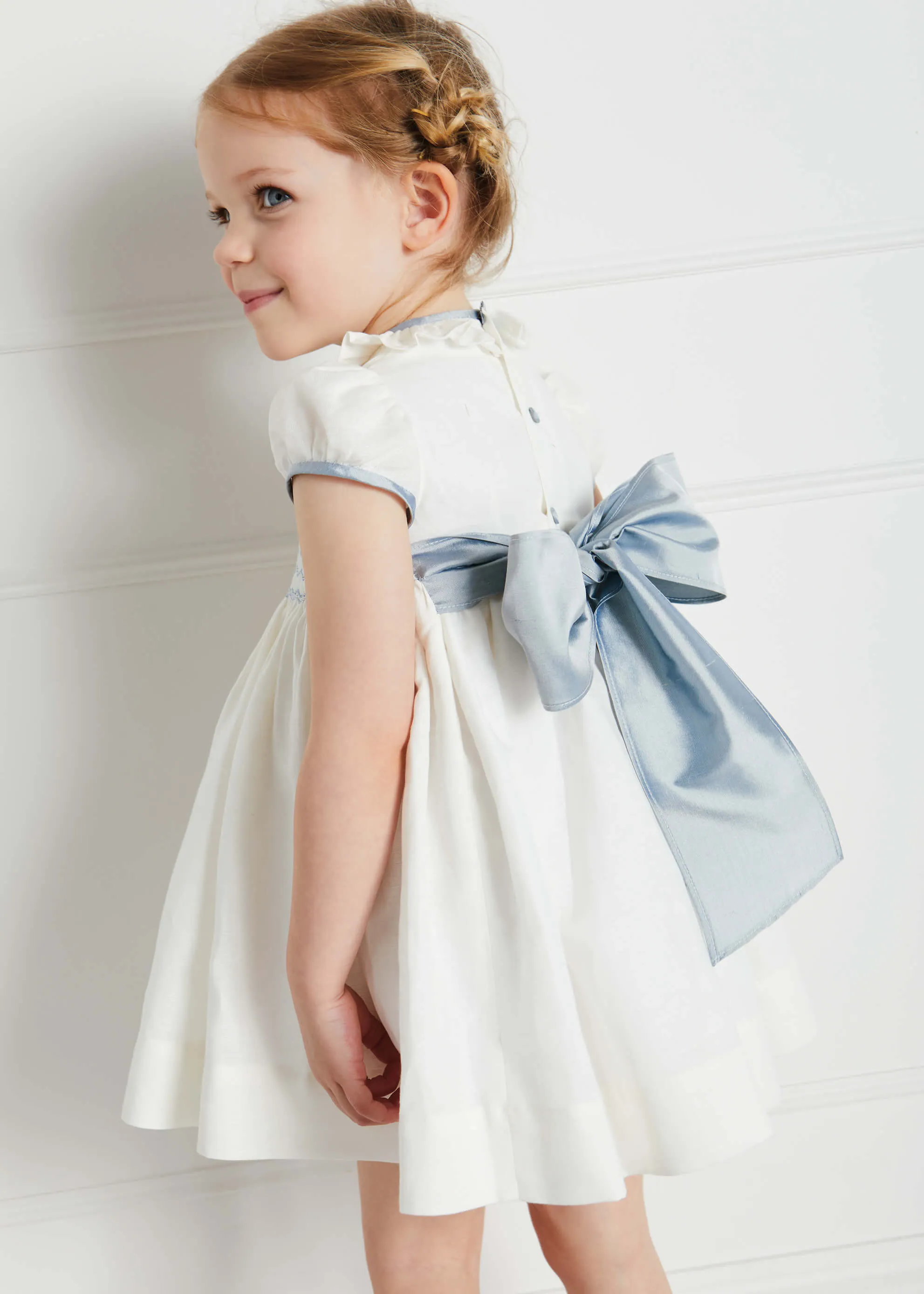 Ivory Handsmocked Occasion Dress with Blue Details (12mths-8yrs)