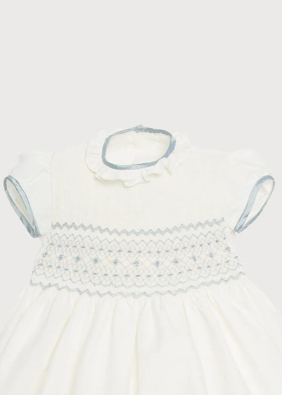 Ivory Handsmocked Occasion Dress with Blue Details (12mths-8yrs)