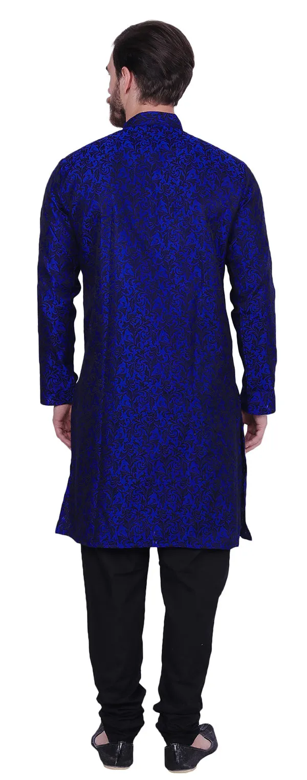 Jacquard Silk Men's Kurta Pyjama Party Indian Clothes (Blue)