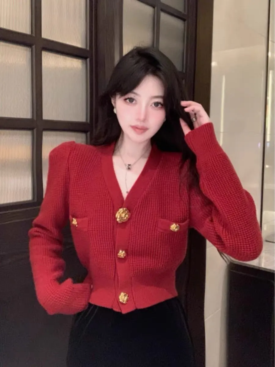 Korean style temperament sweater cardigan coat for women autumn and winter design v-neck long-sleeved sweater bottoming shirt ou