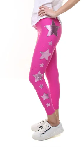 Leggings in lycra fucsia con stelle applicate fucsia e rosa metallizzato