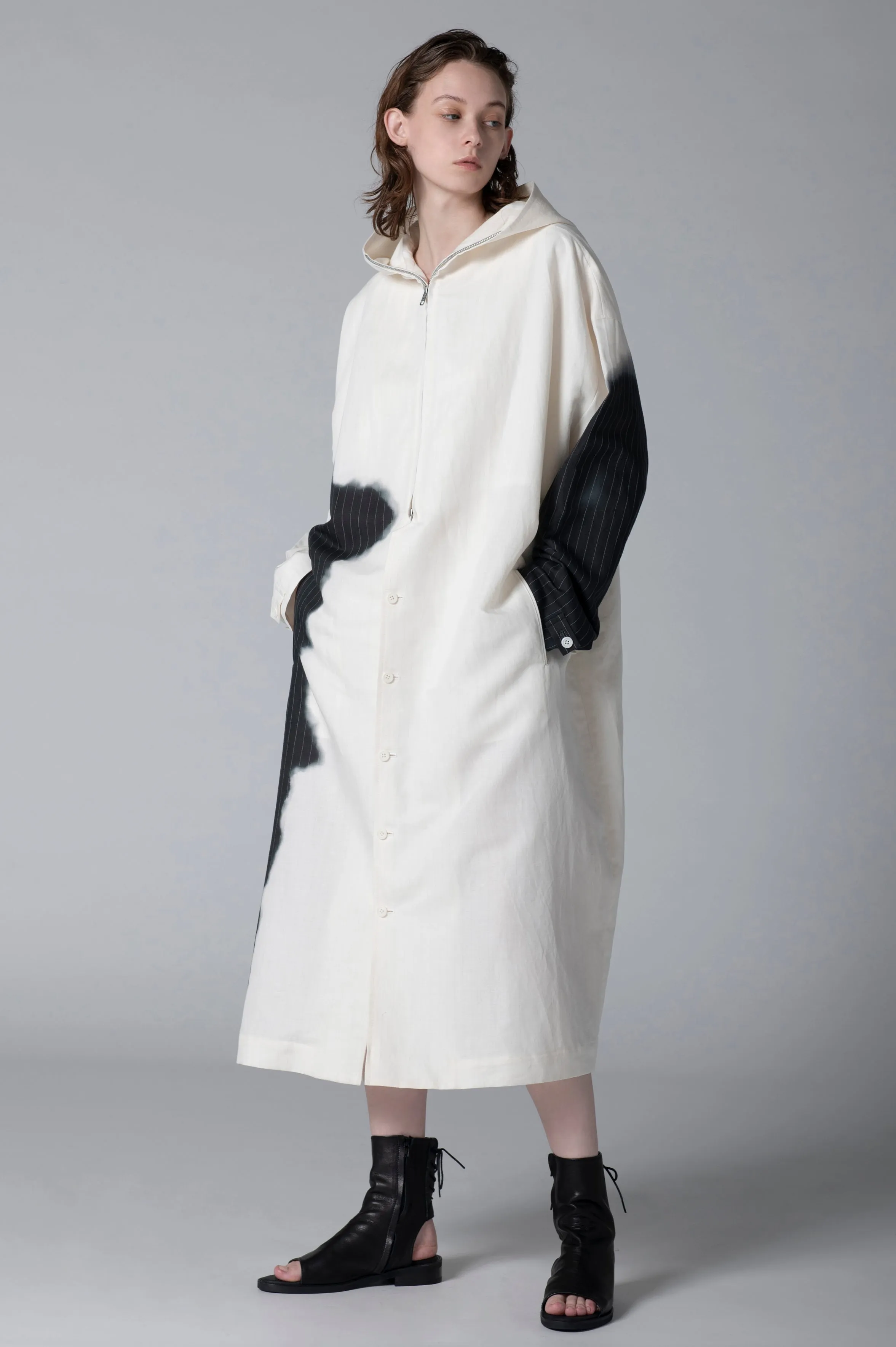 LINEN/COTTON HOODED COAT WITH PARTIAL PINSTRIPE PATTERN