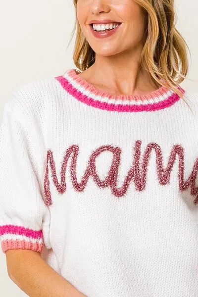 MAMA Contrast Trim Short Sleeve Sweater White/Fuchsia