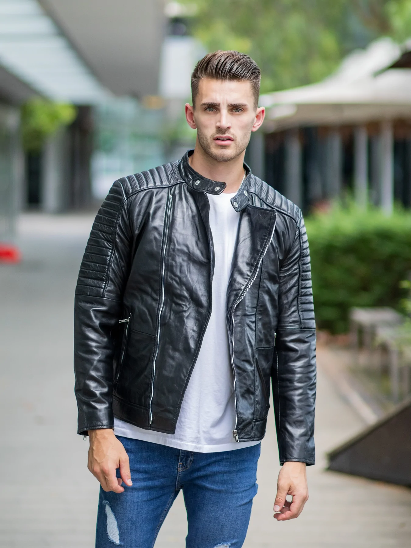 Men in Black Fashion Leather Jacket - Quilted Shoulders