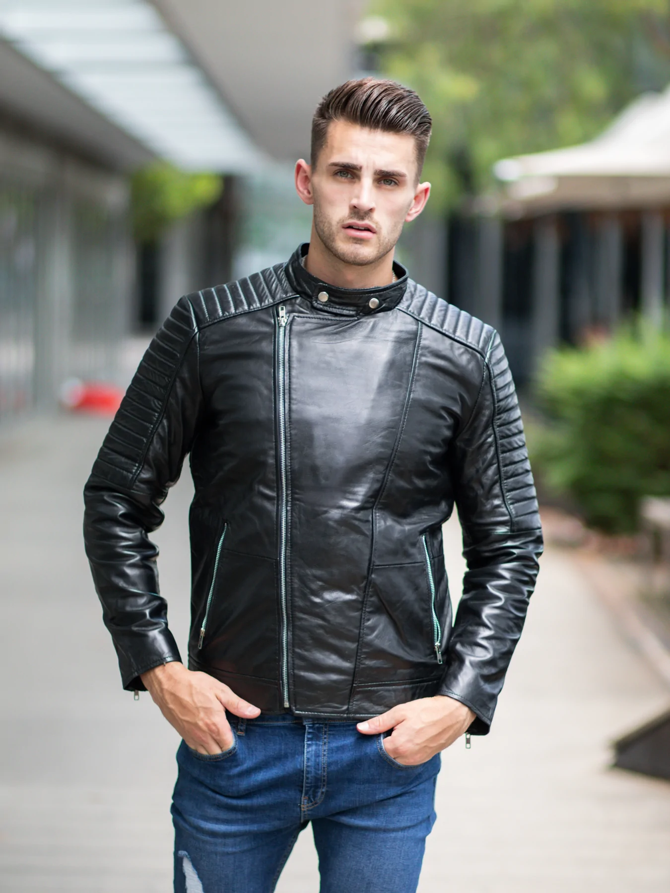 Men in Black Fashion Leather Jacket - Quilted Shoulders