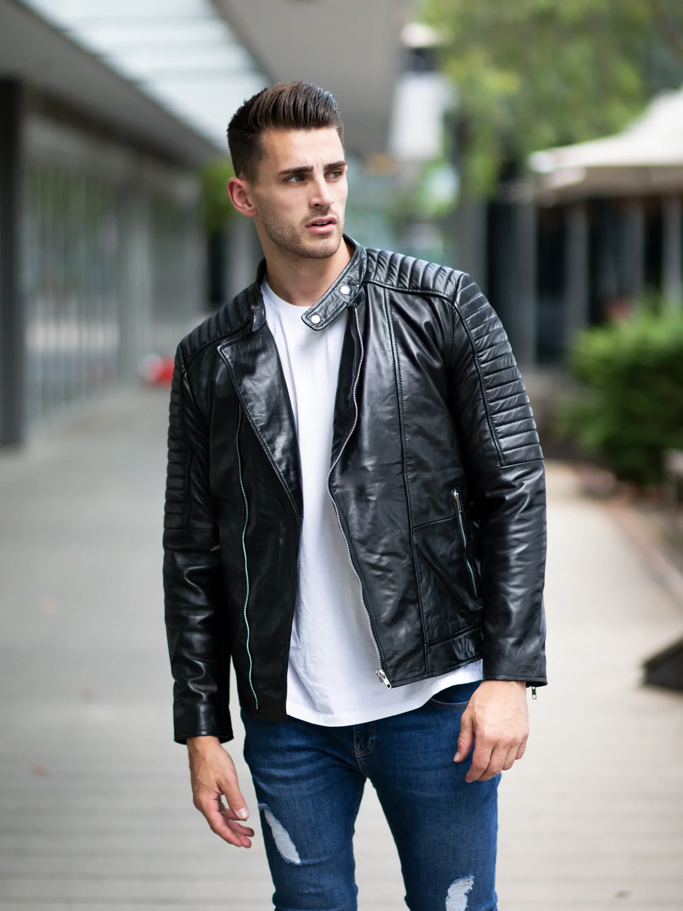 Men in Black Fashion Leather Jacket - Quilted Shoulders