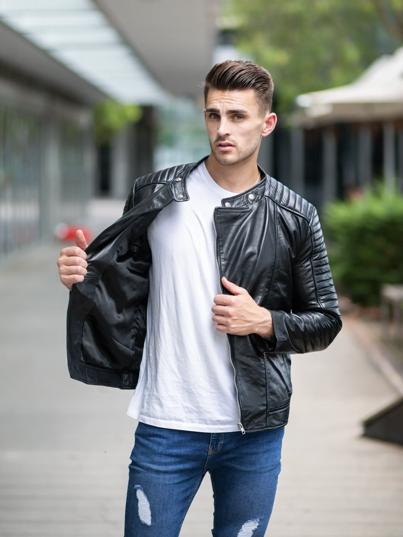 Men in Black Fashion Leather Jacket - Quilted Shoulders