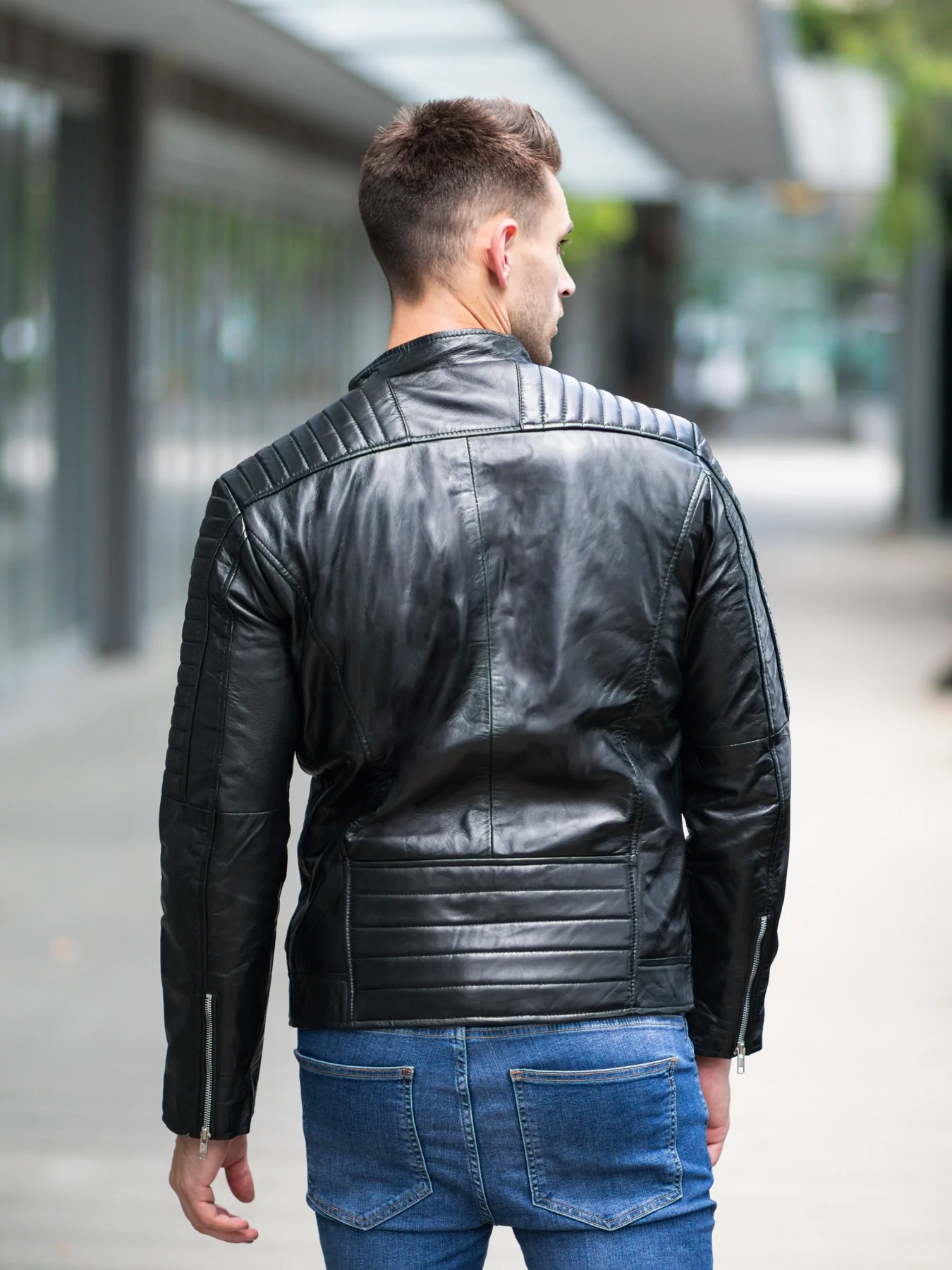 Men in Black Fashion Leather Jacket - Quilted Shoulders