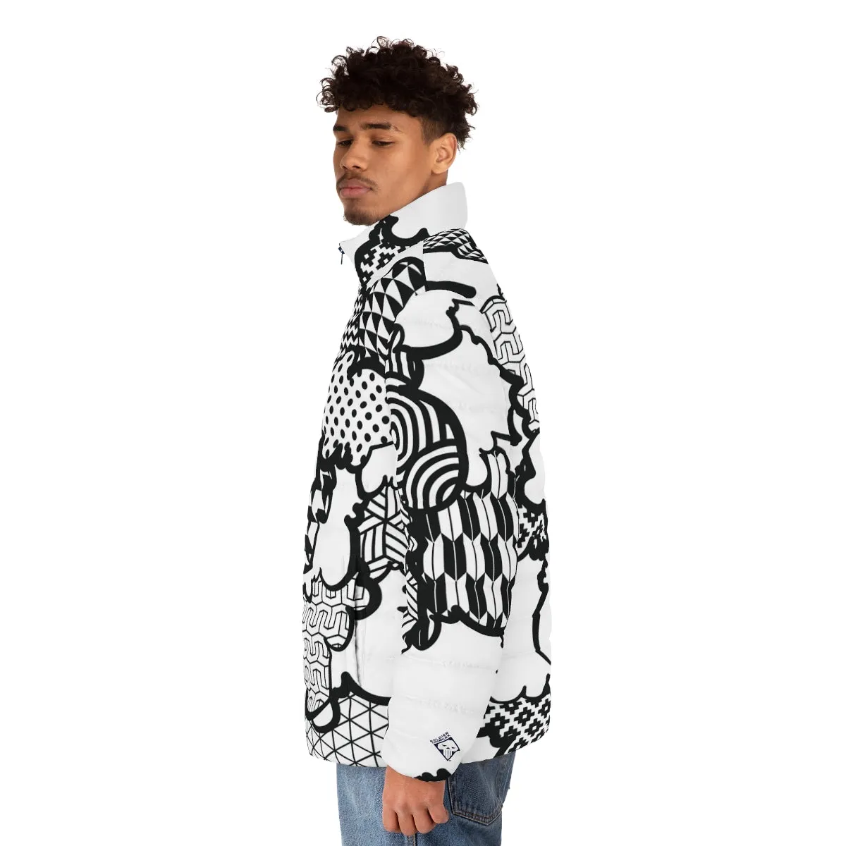 Men's Black and White Graffiti Clouds Puffer Jacket 001