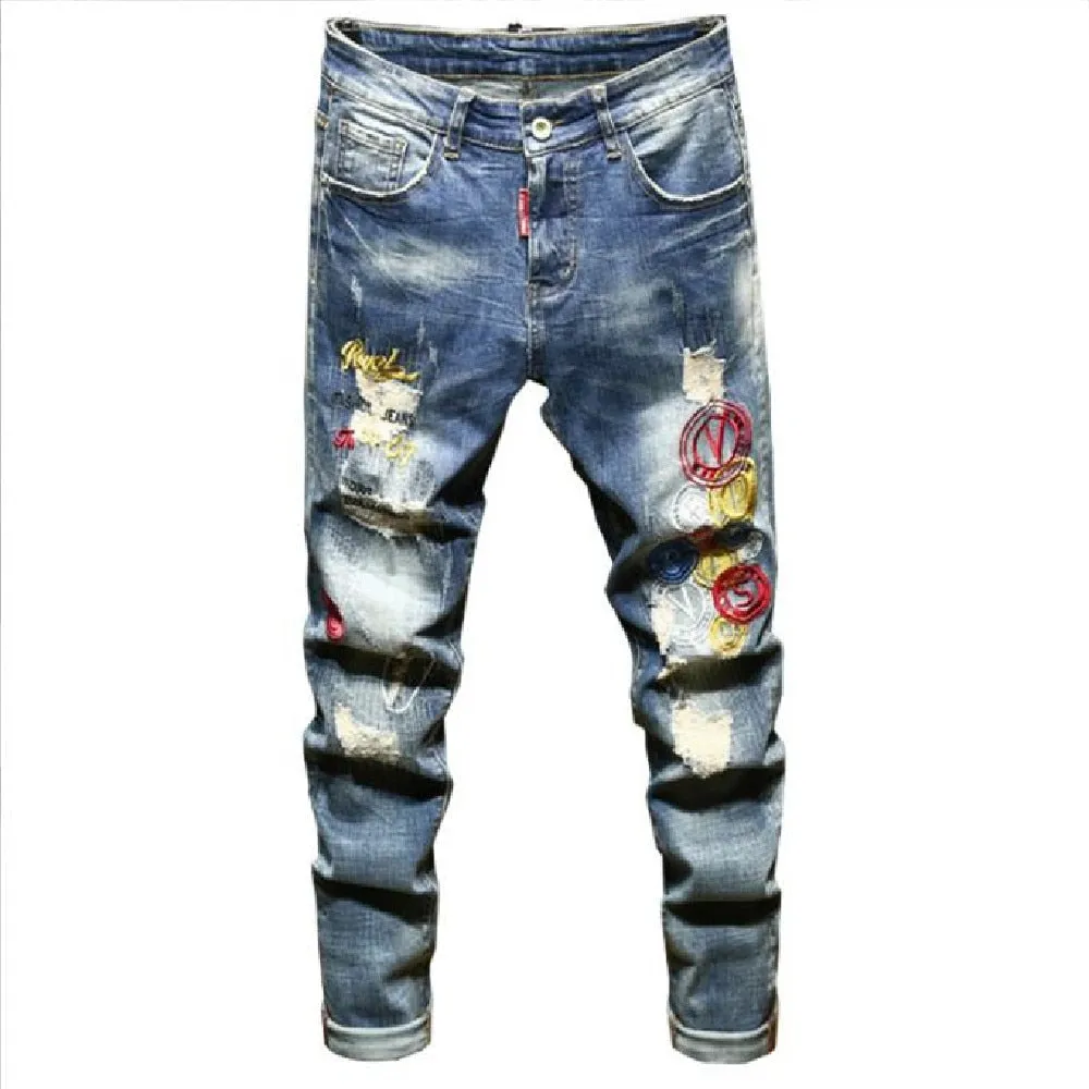 Men's Blue Embroidery Ripped Stretch Streetwear Casual Skinny Jeans Pants