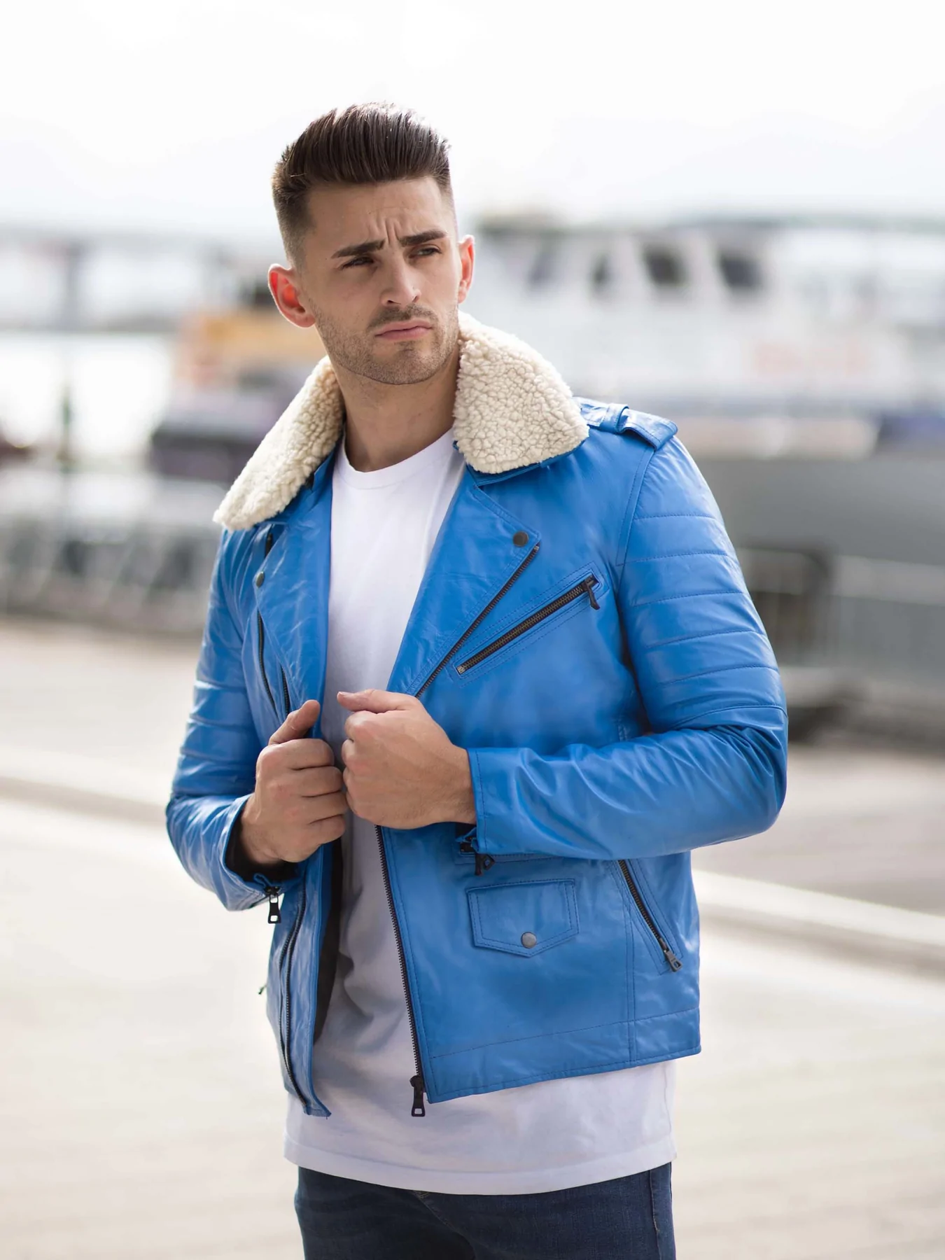 Mens Blue Leather Jacket in Classic Biker Style