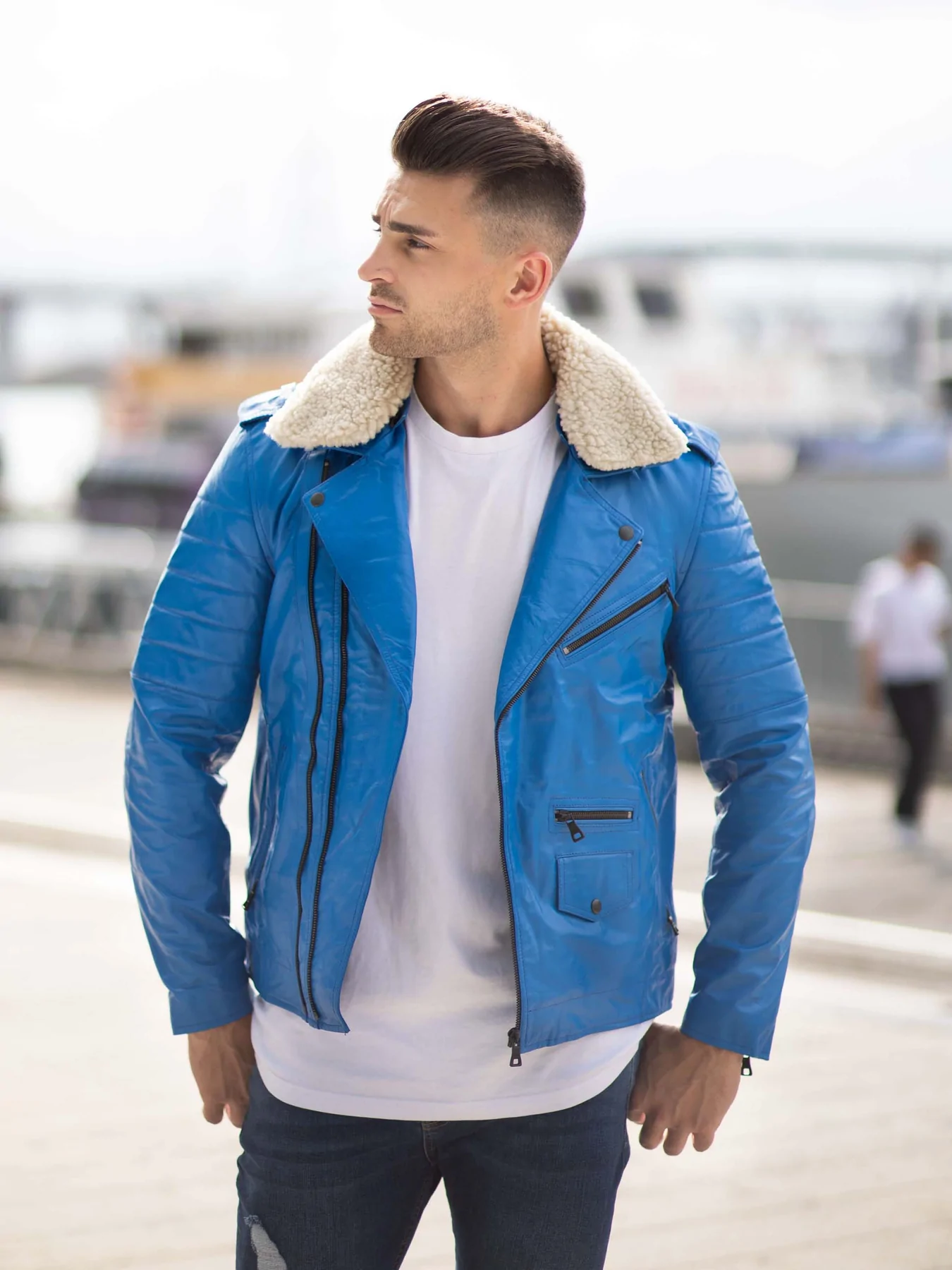 Mens Blue Leather Jacket in Classic Biker Style