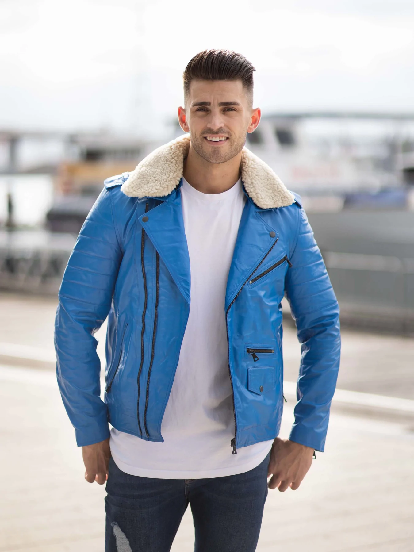 Mens Blue Leather Jacket in Classic Biker Style