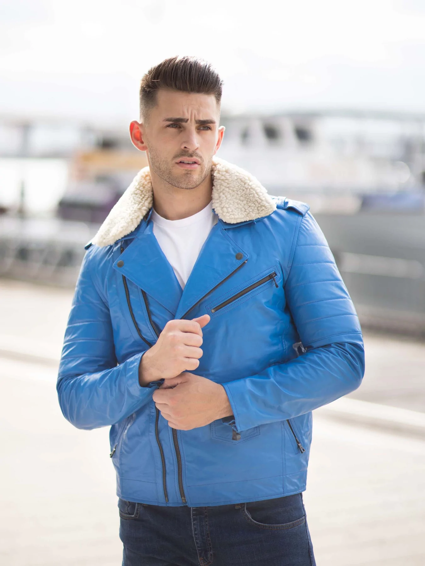 Mens Blue Leather Jacket in Classic Biker Style