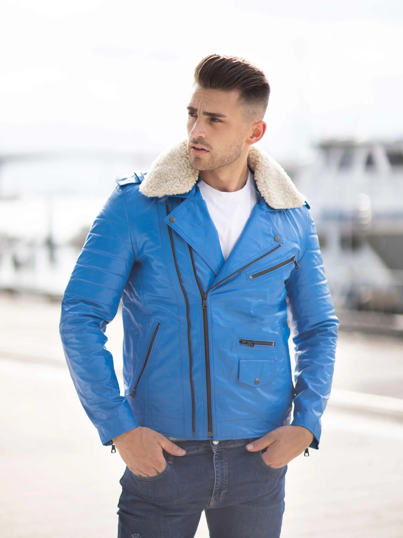 Mens Blue Leather Jacket in Classic Biker Style