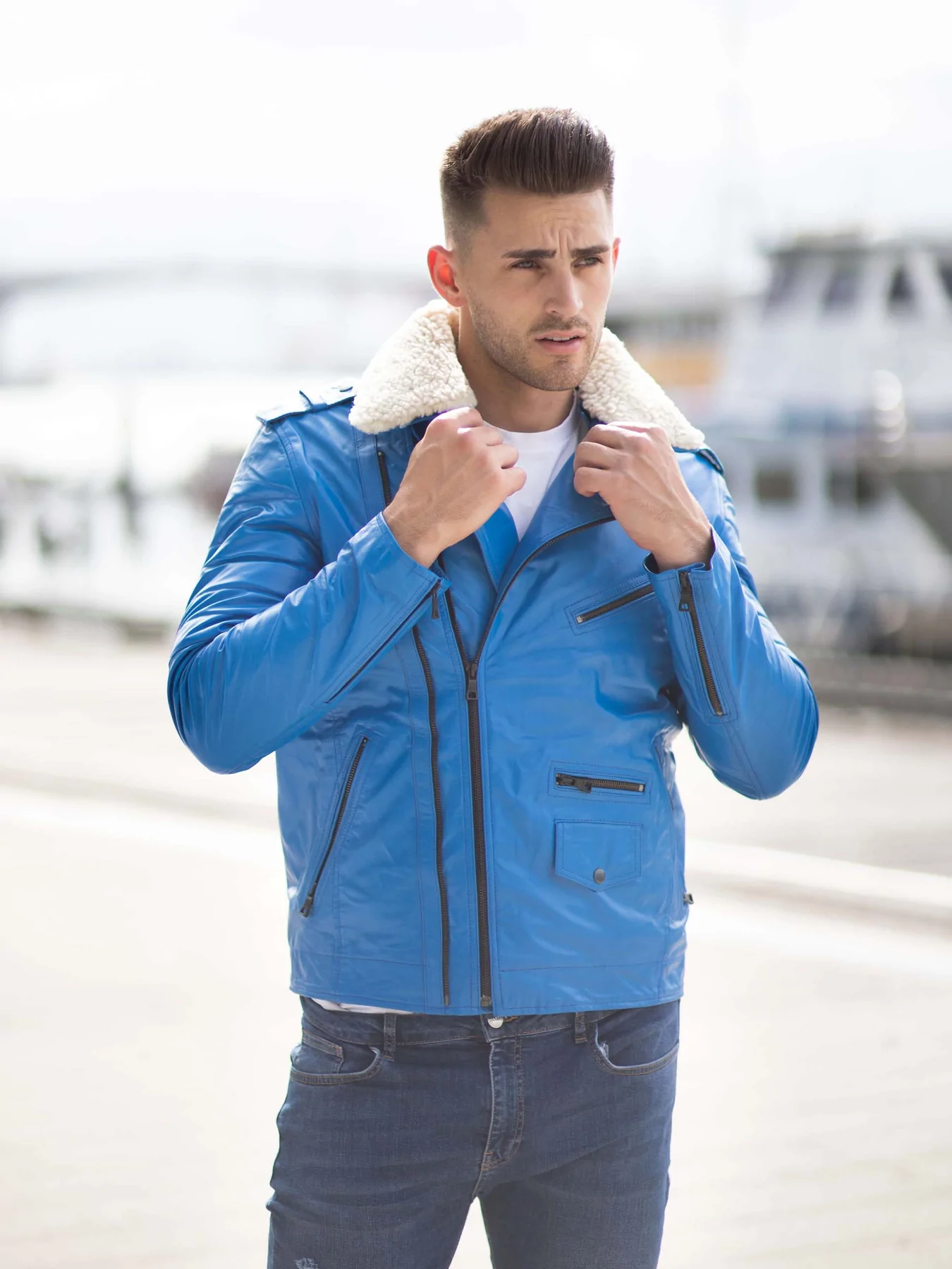 Mens Blue Leather Jacket in Classic Biker Style