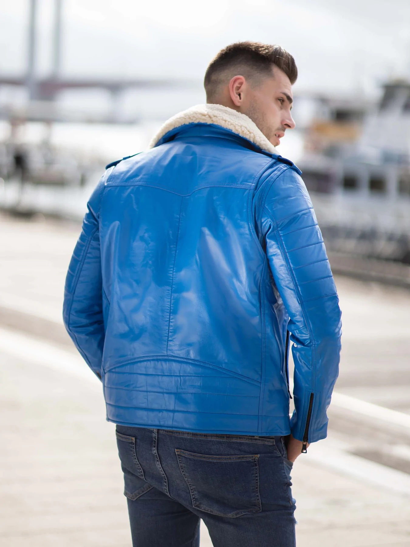 Mens Blue Leather Jacket in Classic Biker Style