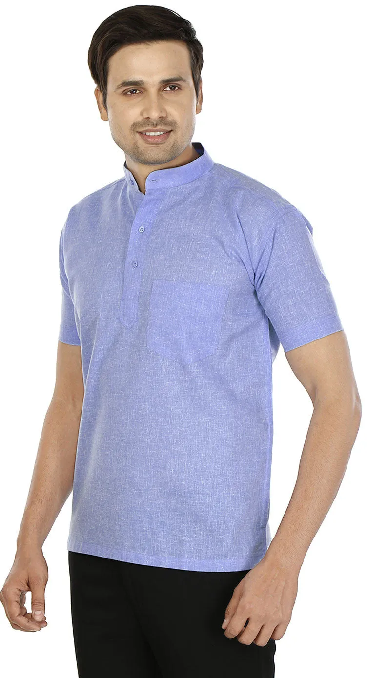 Mens Cotton Short Sleeve Short Kurta Shirt India Clothes (Blue)