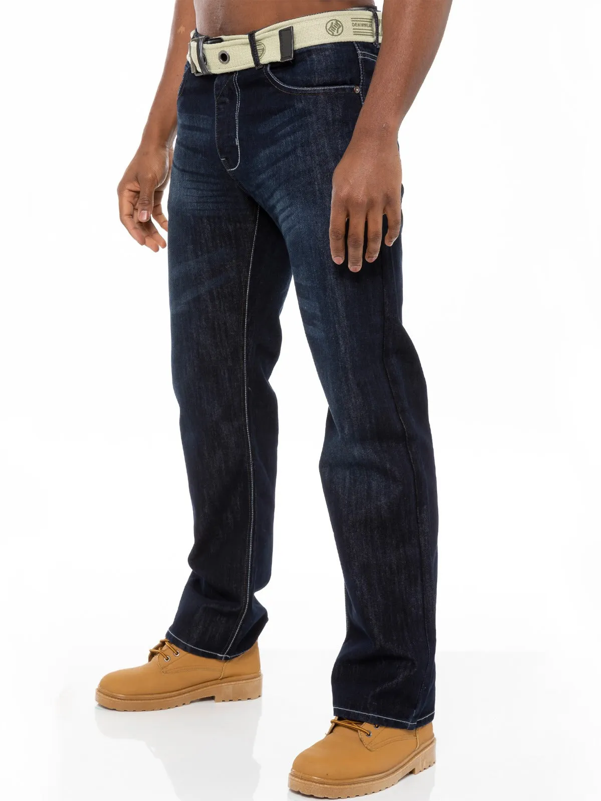 Mens Dark Blue Jeans with Belt EZ14 | Enzo Designer Menswear