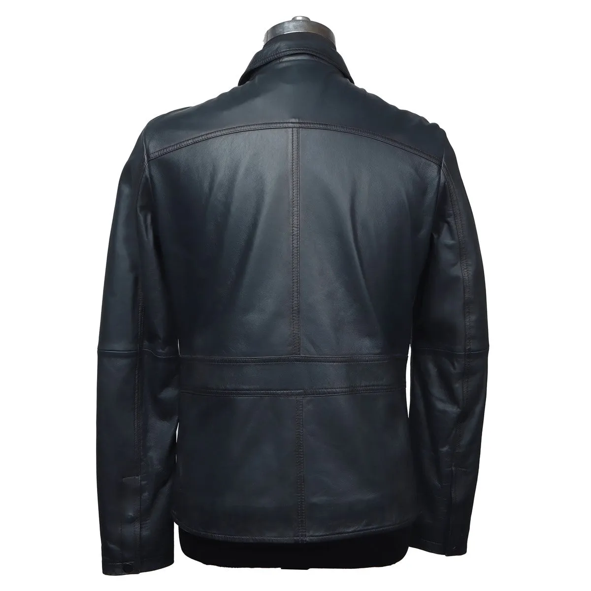 Men'S Shirt Style Collar Smoky Blue Leather Jacket