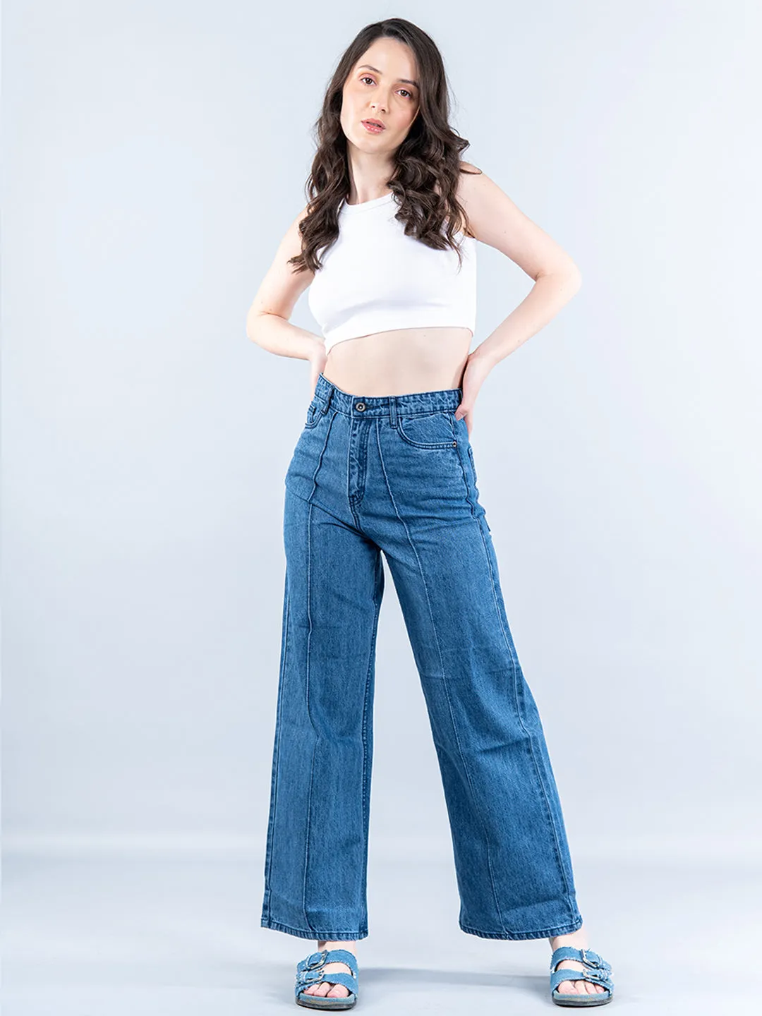 Mid Blue Pleated Flared Jeans For Women