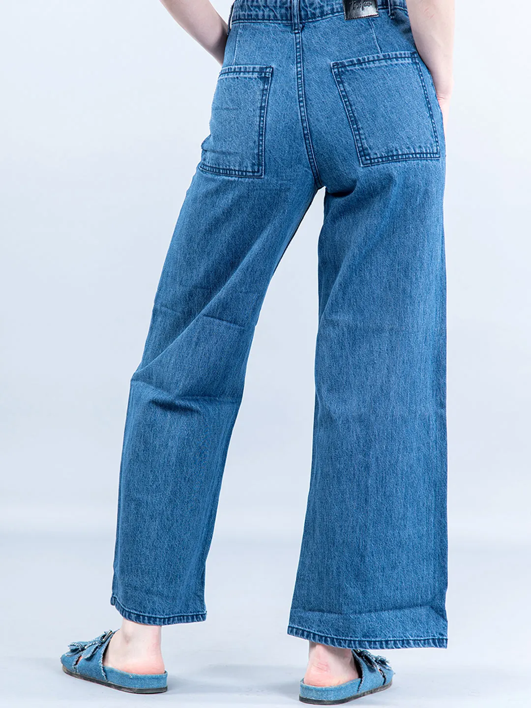 Mid Blue Pleated Flared Jeans For Women