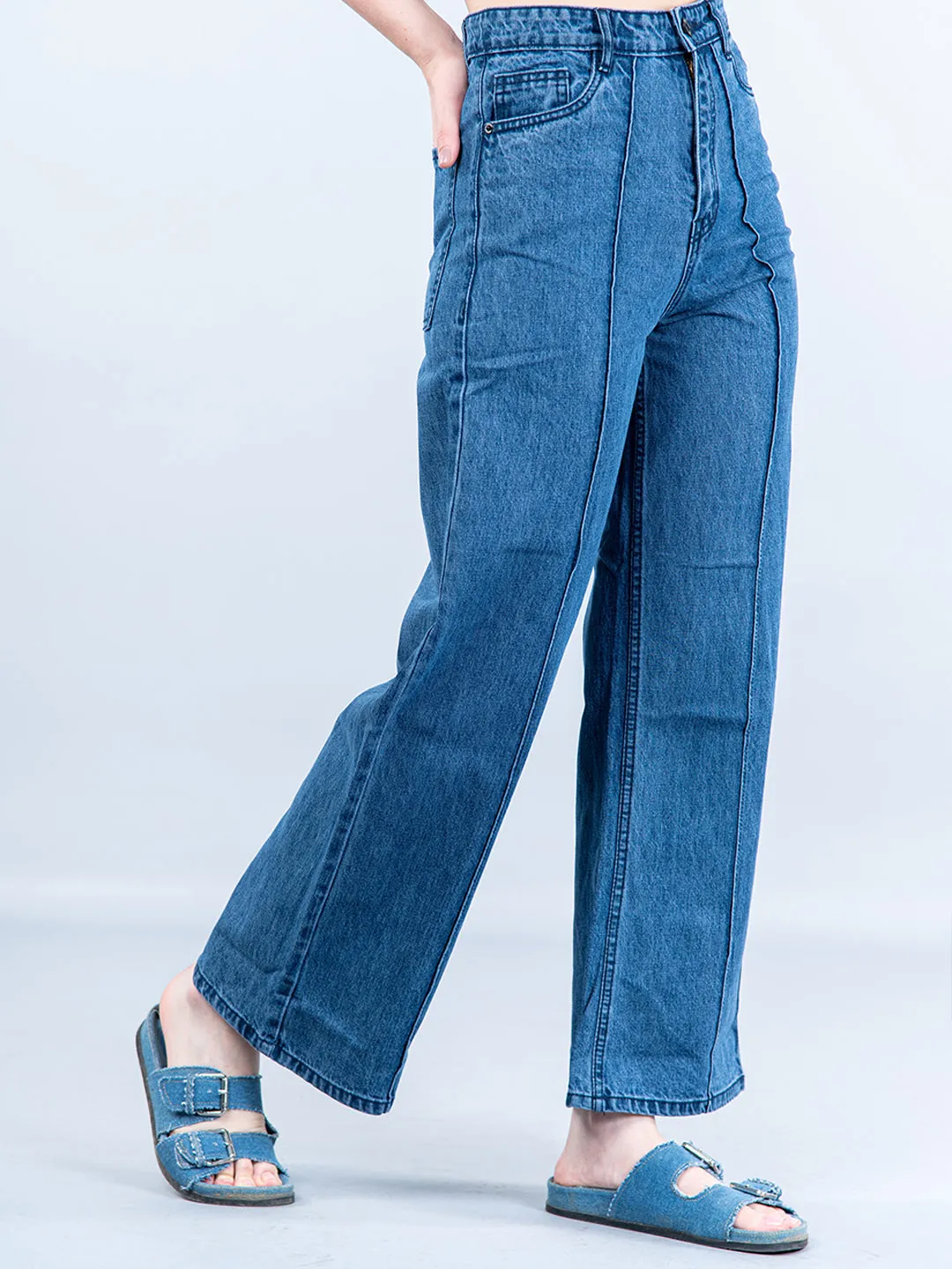 Mid Blue Pleated Flared Jeans For Women