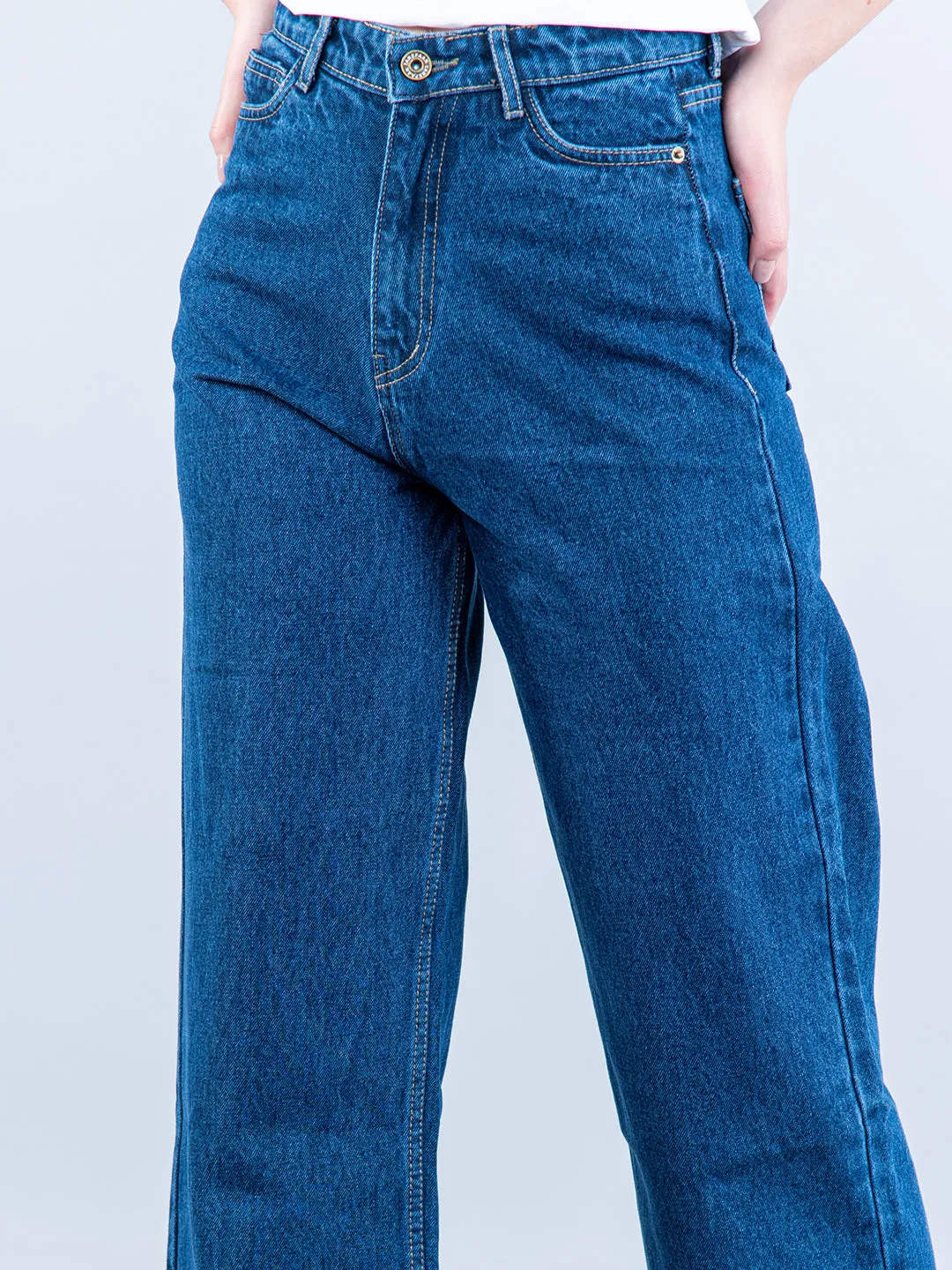 Mid Blue Straight Flared-fit Jeans For Women