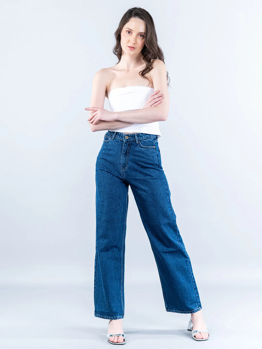 Mid Blue Straight Flared-fit Jeans For Women